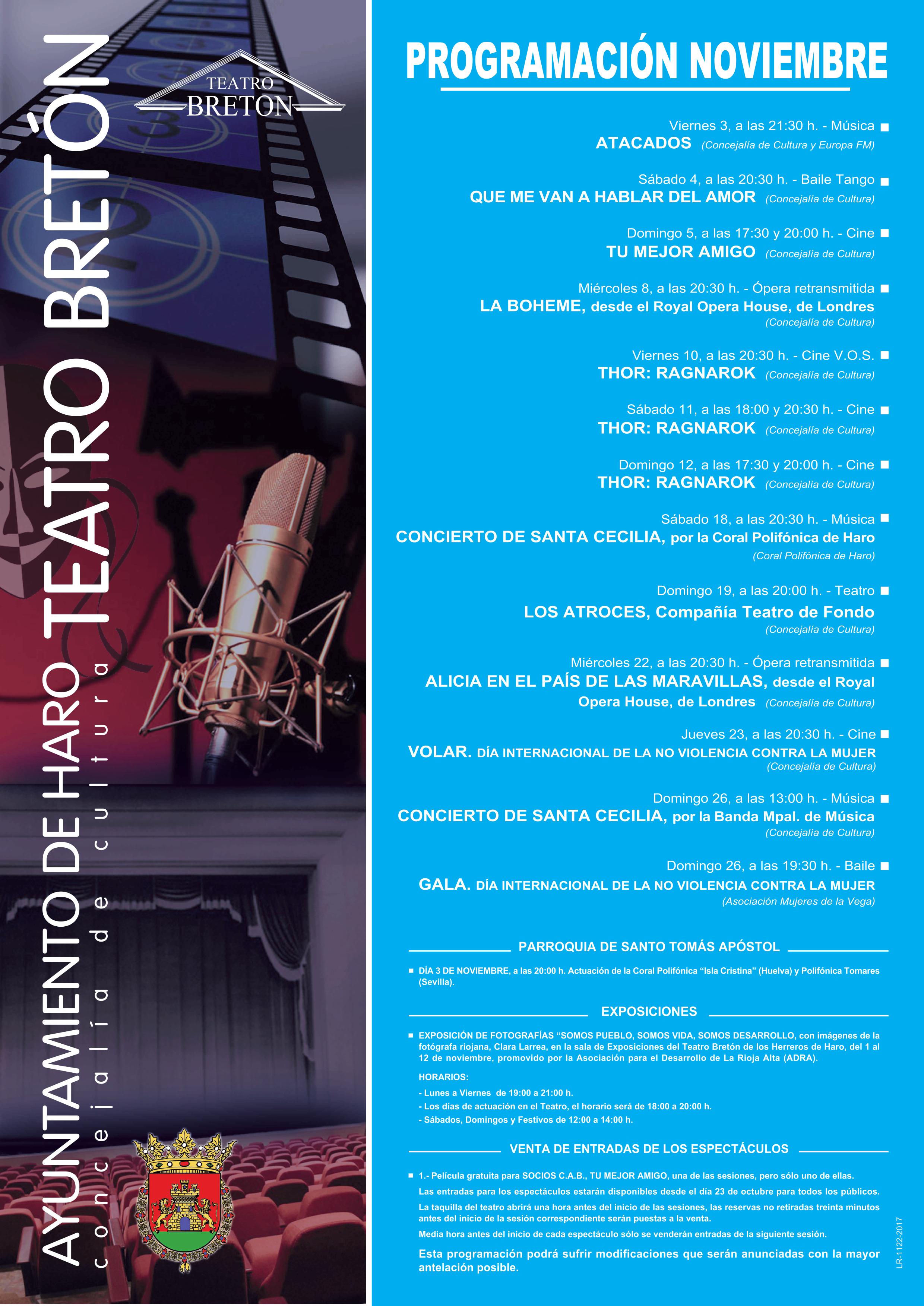 Cine, música y teatro centran las actividades del Bretón en noviembre