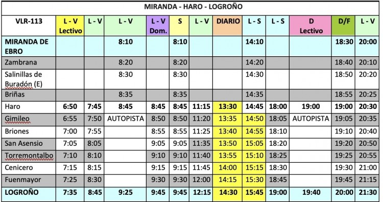 Nuevo horario de la línea Logroño – Miranda de Ebro (VLR-113)