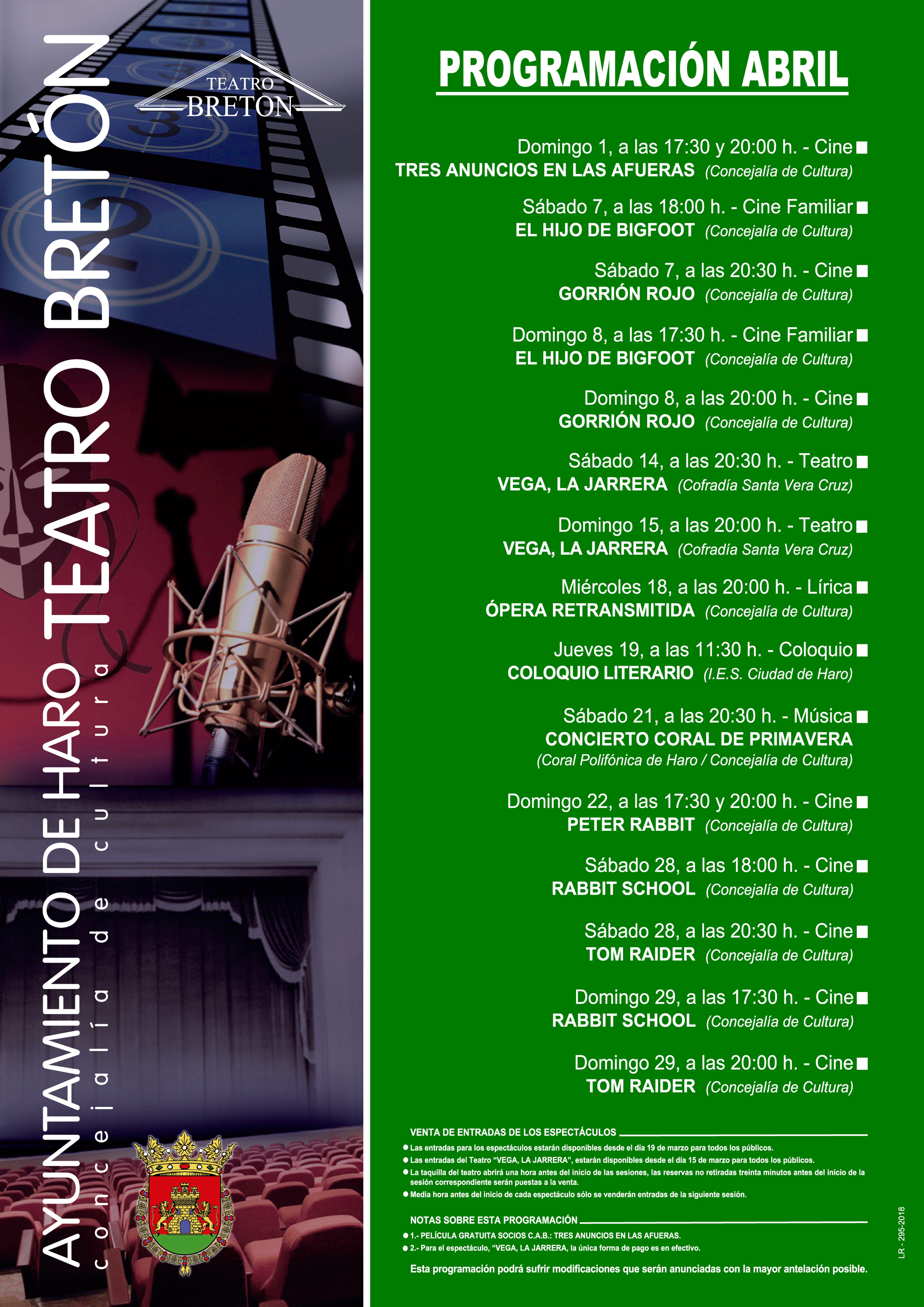 Cine, teatro y música centran la programación de abril en el Bretón